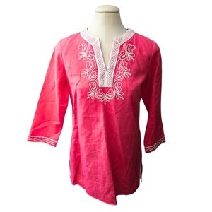 BROOKS BROTHERS Linen Blouse Tunic Kaftan Hot Pink White Embroidered Small